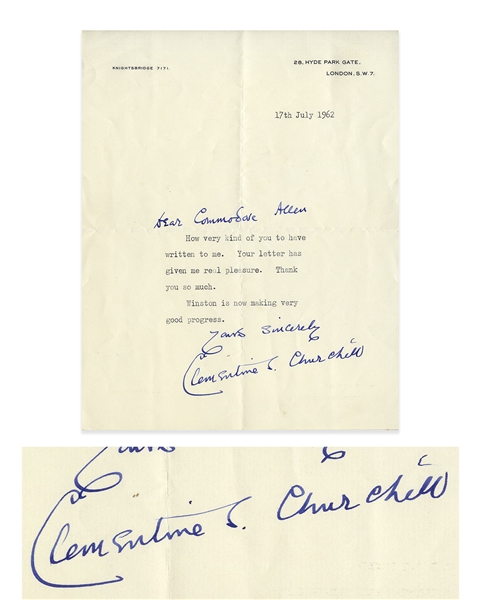 Clementine Churchill Letter Signed -- ''...Winston is now making very good progress...''